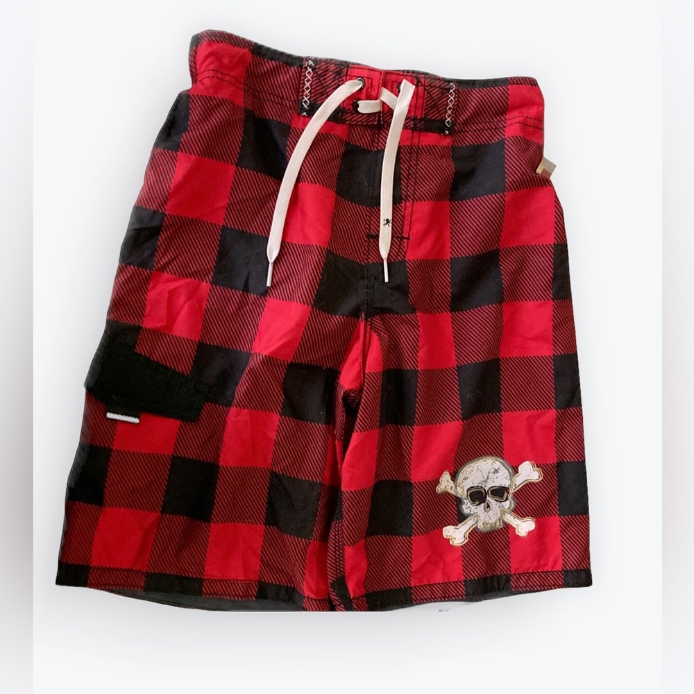 Mossimo Supply Co boys red & black plaid swim trunks, M
